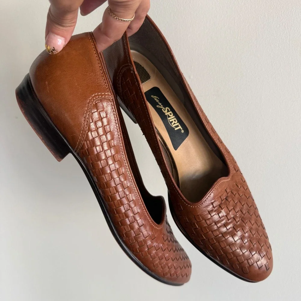 Vtg 90s Loafers Woven Leather Easy SPirit  Brown Basketweave Flat Shoes Size 10